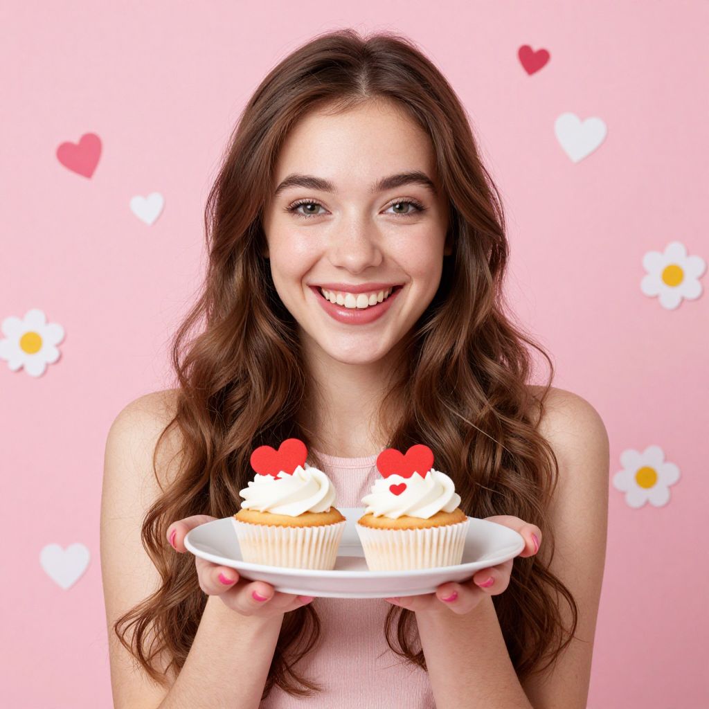 Smiling Young Woman Holding Heart Decorated Cupcakes on Pink Background