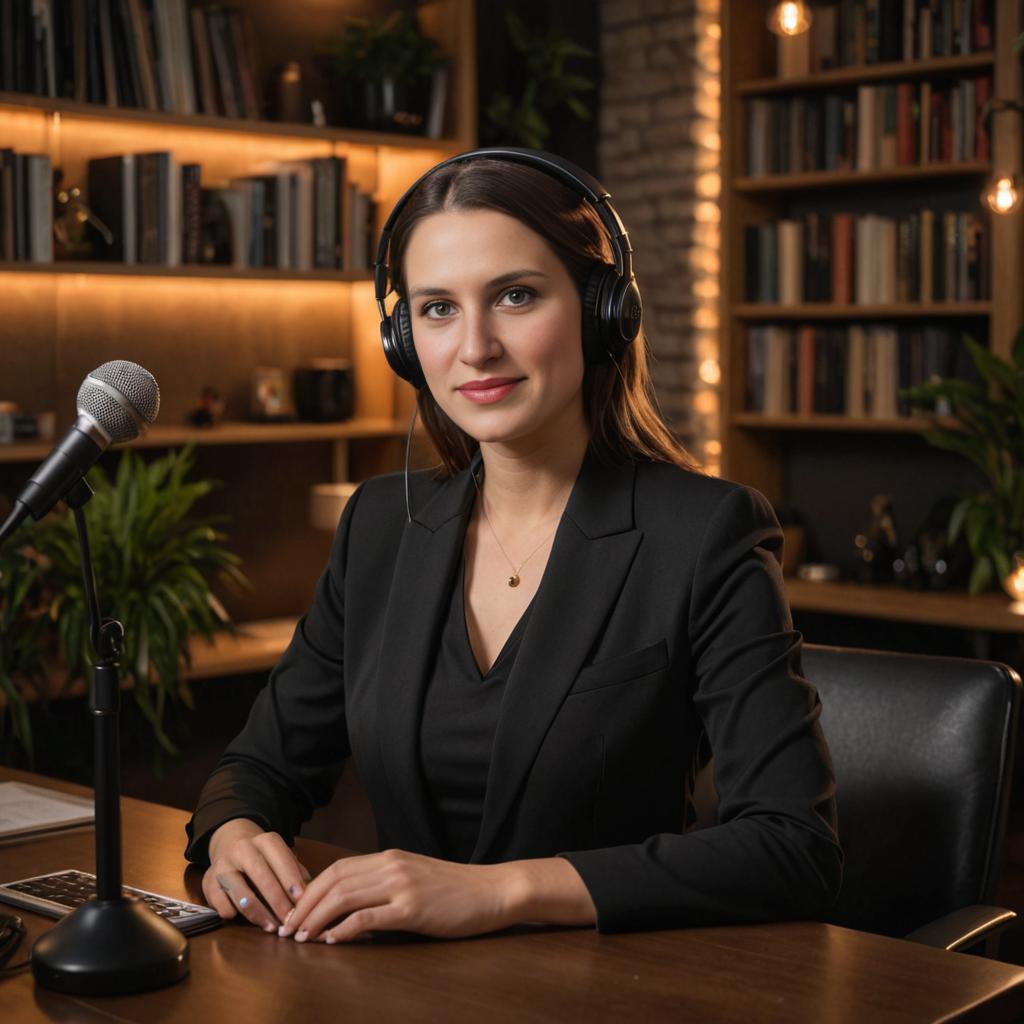 Woman with Headphones and Microphone at Desk