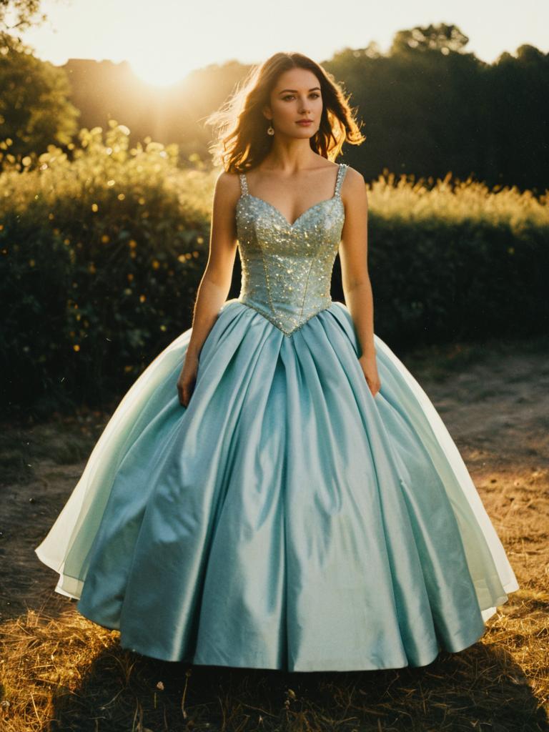 Woman in Elegant Mini Ball Gown Outdoor Portrait Golden Hour