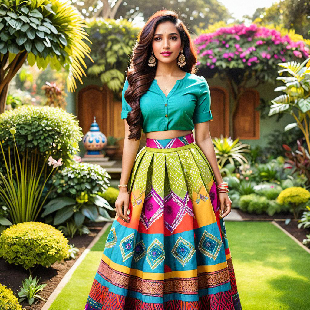 Vibrant Woman in Colorful Traditional Outfit in Lush Garden