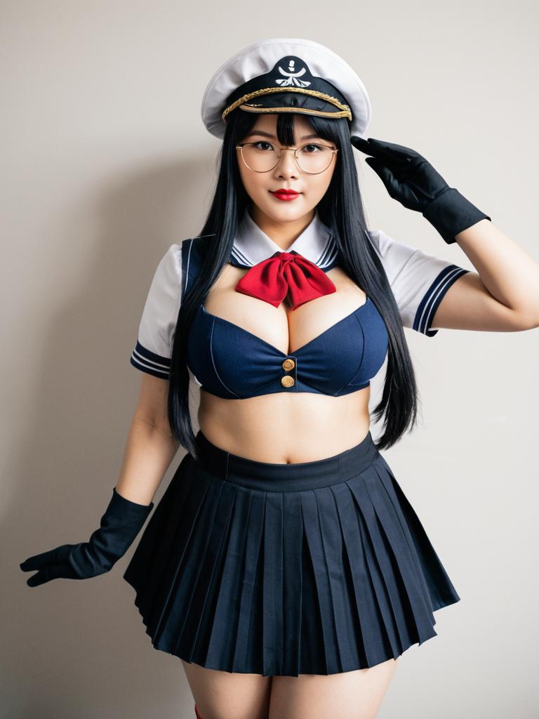 Naval Themed Cosplay Woman in Sailor Uniform with Captain Hat