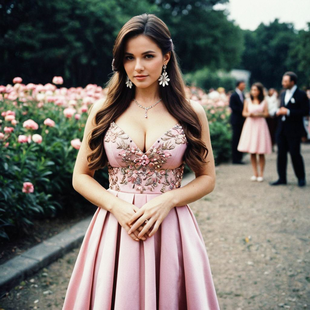 Elegant Woman in Pink Gown at Garden Party