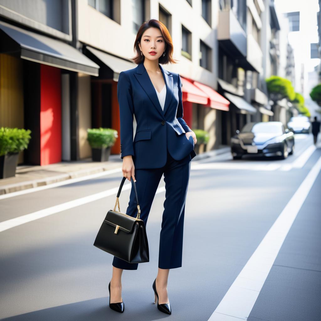 Confident Woman in Navy Blue Suit on City Street