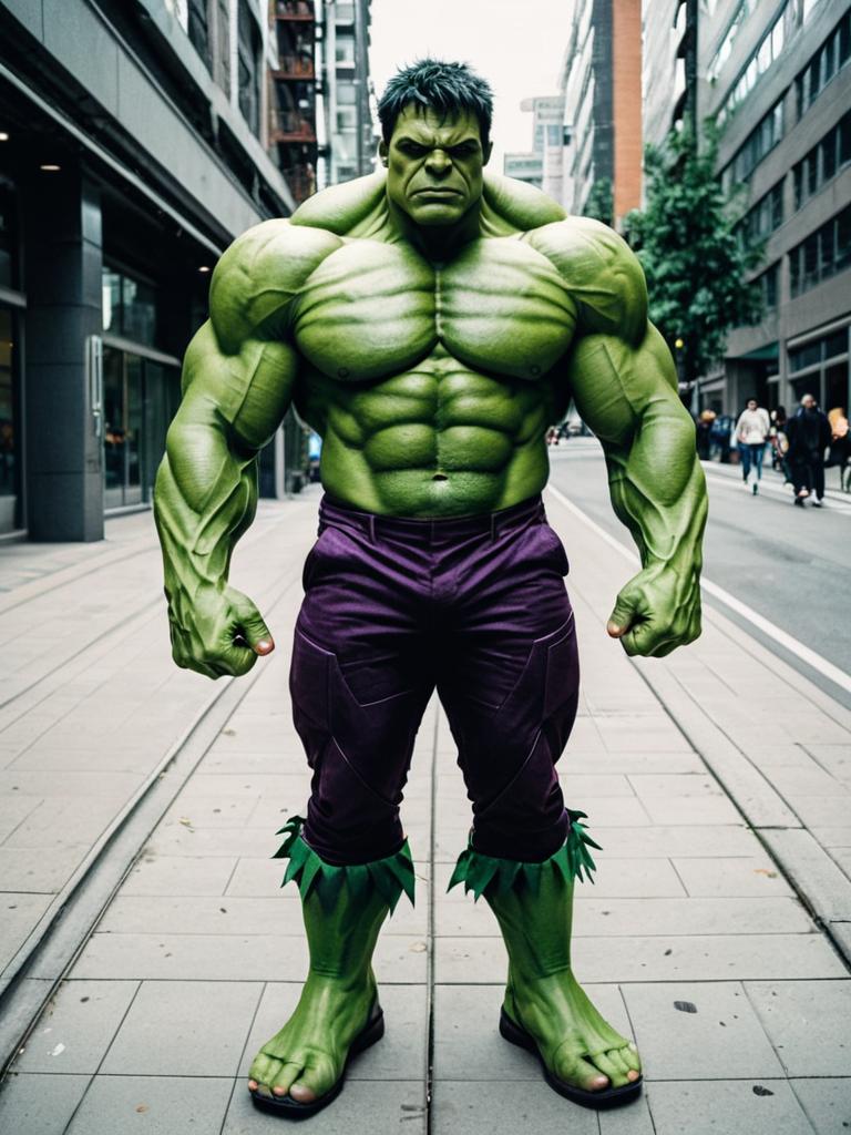 Man in Detailed Full-Body Hulk Costume Cosplay in Urban Setting