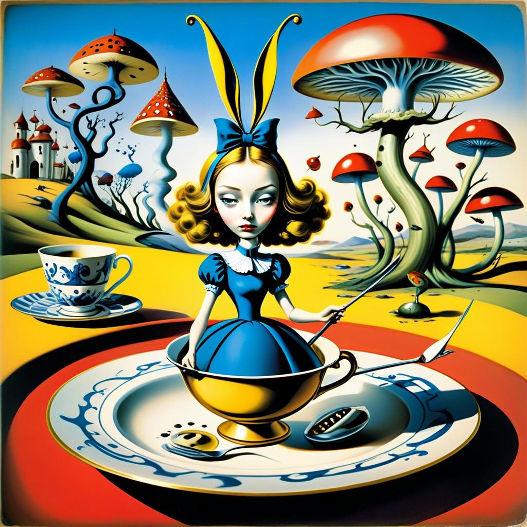 Whimsical girl with bunny ears at oversized table Whimsical girl with bunny ears at oversized table