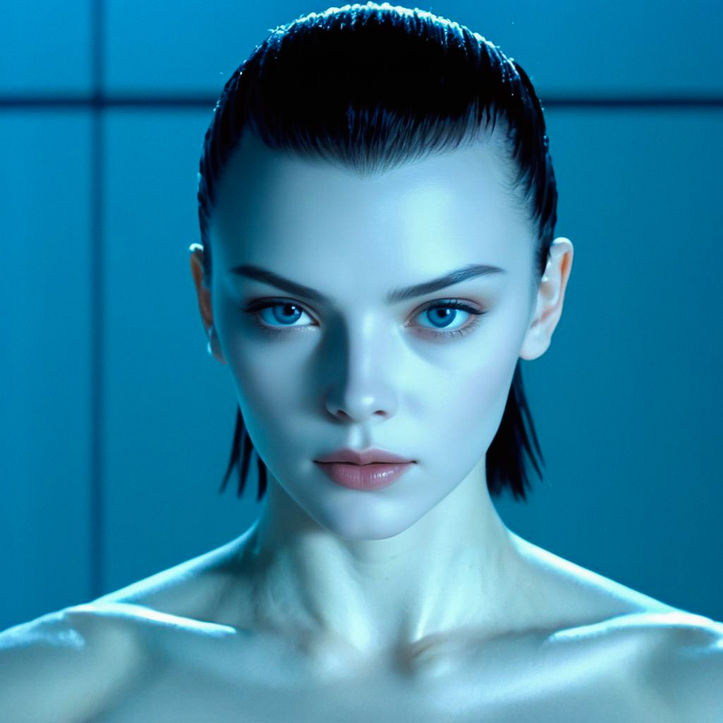 Close-up portrait of a woman with blue eyes in cool lighting