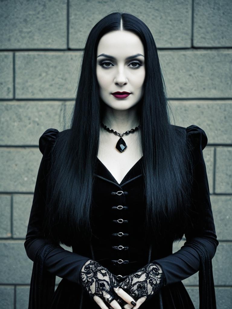 Woman in Morticia Addams Costume Gothic Cosplay Portrait