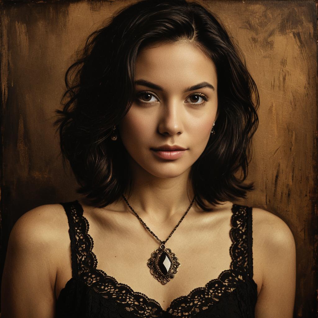 Elegant Young Woman in Black Lace with Vintage Pendant Necklace Portrait