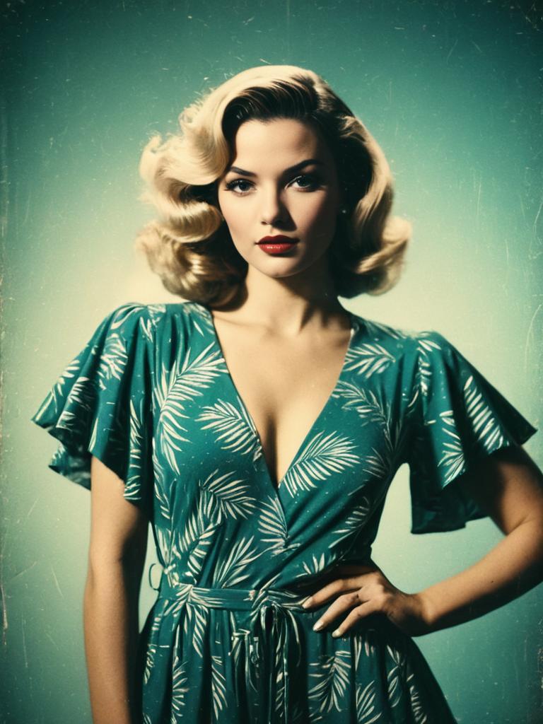 Vintage Style Woman in Tropical Chic Deep V-Neck Green and White Romper