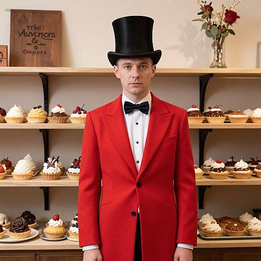 Man in Red Tailcoat and Top Hat Standing by Cupcake Bakery Shelves