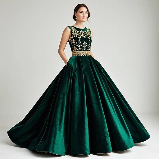Elegant Emerald Green Velvet Ball Gown with Gold Embroidery