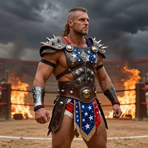 Patriotic Gladiator Man in Spiked Armor Standing in Fiery Arena