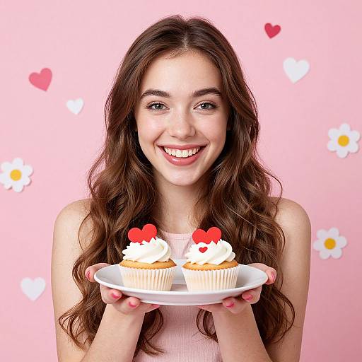 Smiling Young Woman Holding Heart Decorated Cupcakes on Pink Background