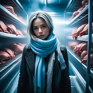Woman in Cold Storage with Meat Cuts