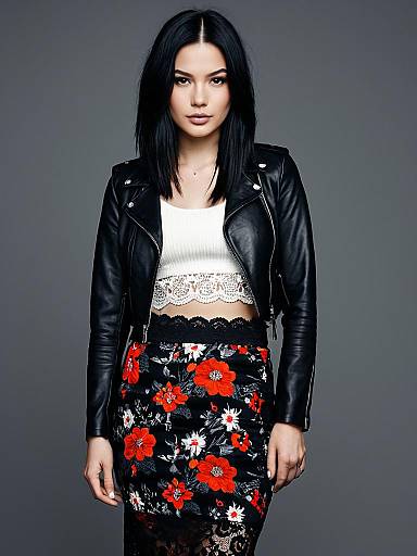 Stylish Woman in Black Leather Jacket and Floral Skirt
