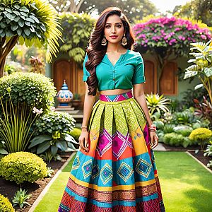 Vibrant Woman in Colorful Traditional Outfit in Lush Garden