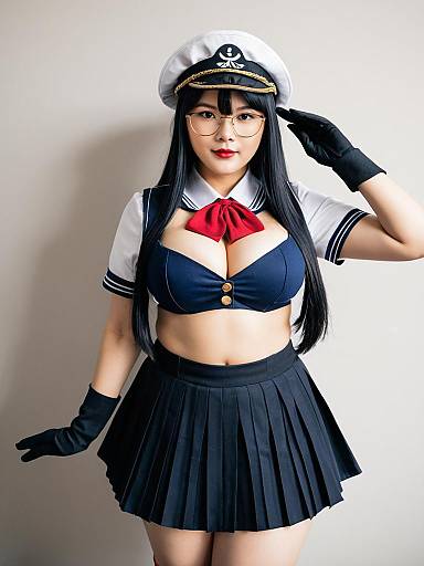 Naval Themed Cosplay Woman in Sailor Uniform with Captain Hat
