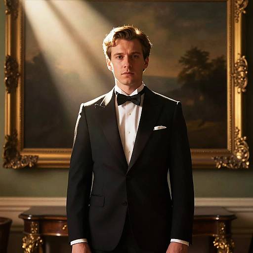 British Man in Classic Tuxedo and Bow Tie Standing in Elegant Room