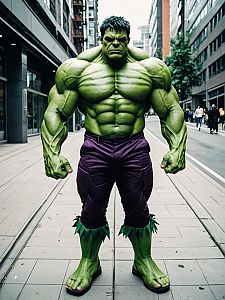 Man in Detailed Full-Body Hulk Costume Cosplay in Urban Setting