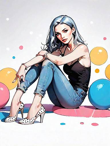 Realistic Comic Style Illustration of Woman Sitting Casual Full Body with Balloons