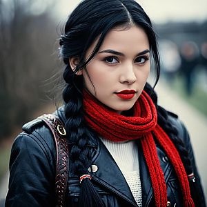 Confident Woman in Red Scarf and Leather Jacket