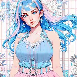 Anime Portrait of Young Woman with Blue and Pink Hair