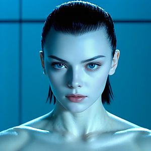 Close-up portrait of a woman with blue eyes in cool lighting