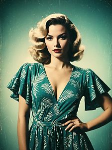 Vintage Style Woman in Tropical Chic Deep V-Neck Green and White Romper