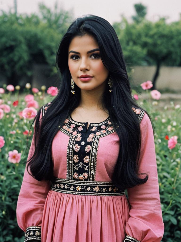 Beautiful Pakistani Dress Woman in Pink Floral Embroidered Outfit