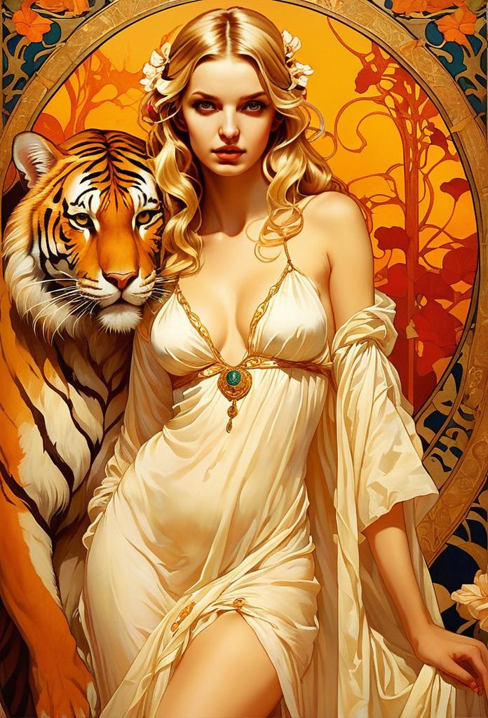 Elegant Woman with Tiger in Art Nouveau Style Digital Art Elegant Woman with Tiger in Art Nouveau Style Digital Art