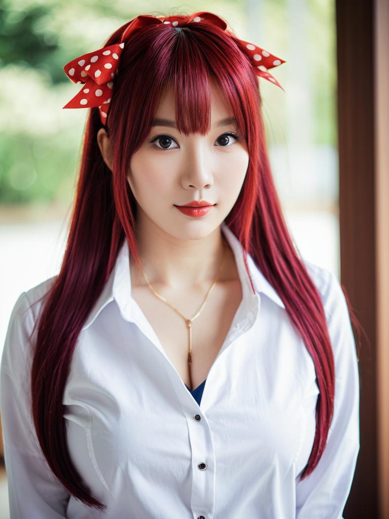 Portrait of Woman with Red Hair and Polka Dot Bow in White Shirt