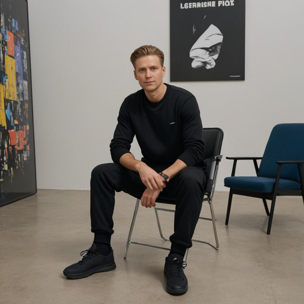 Confident Man in Black Outfit in Modern Gallery