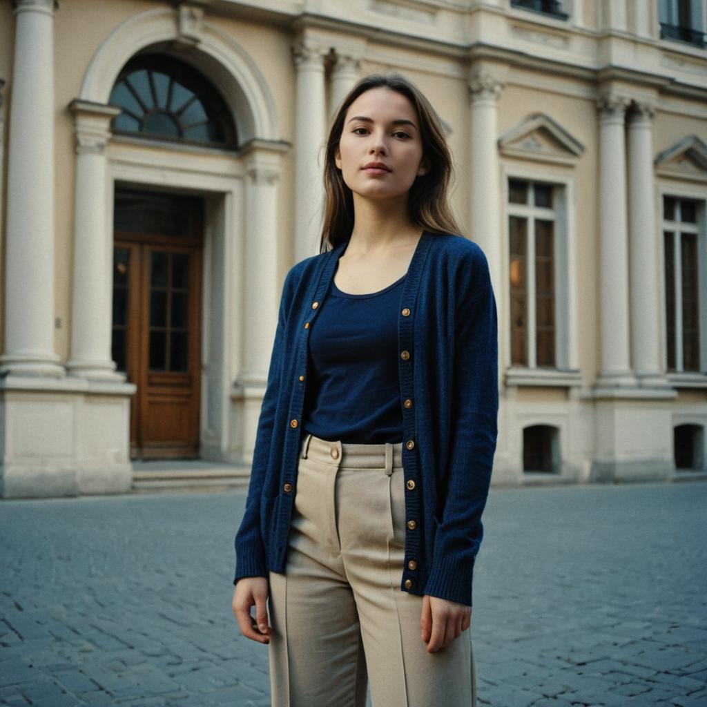 Young Woman Wearing Navy Blue Cardigan and Beige Trousers in Urban Setting