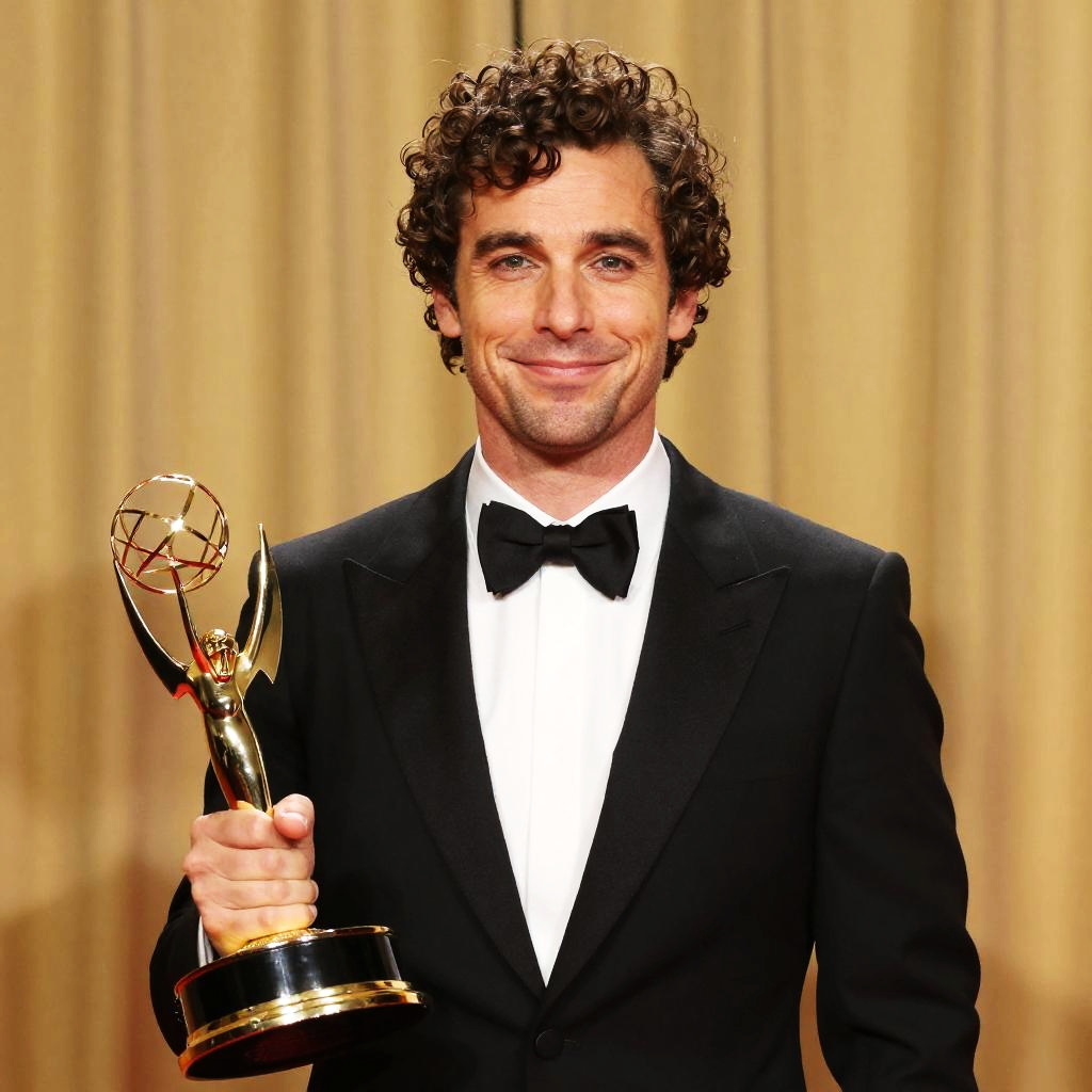 Man Holding Emmy Award in Black Tuxedo at Award Ceremony