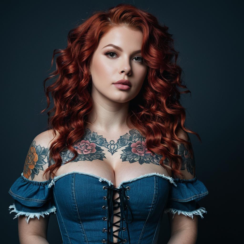 Red-Haired Woman in Denim Corset with Floral Tattoos