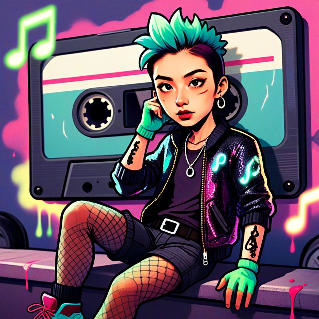 Gen Z Cyberpunk Woman with Aqua Mohawk and Retro Cassette Illustration