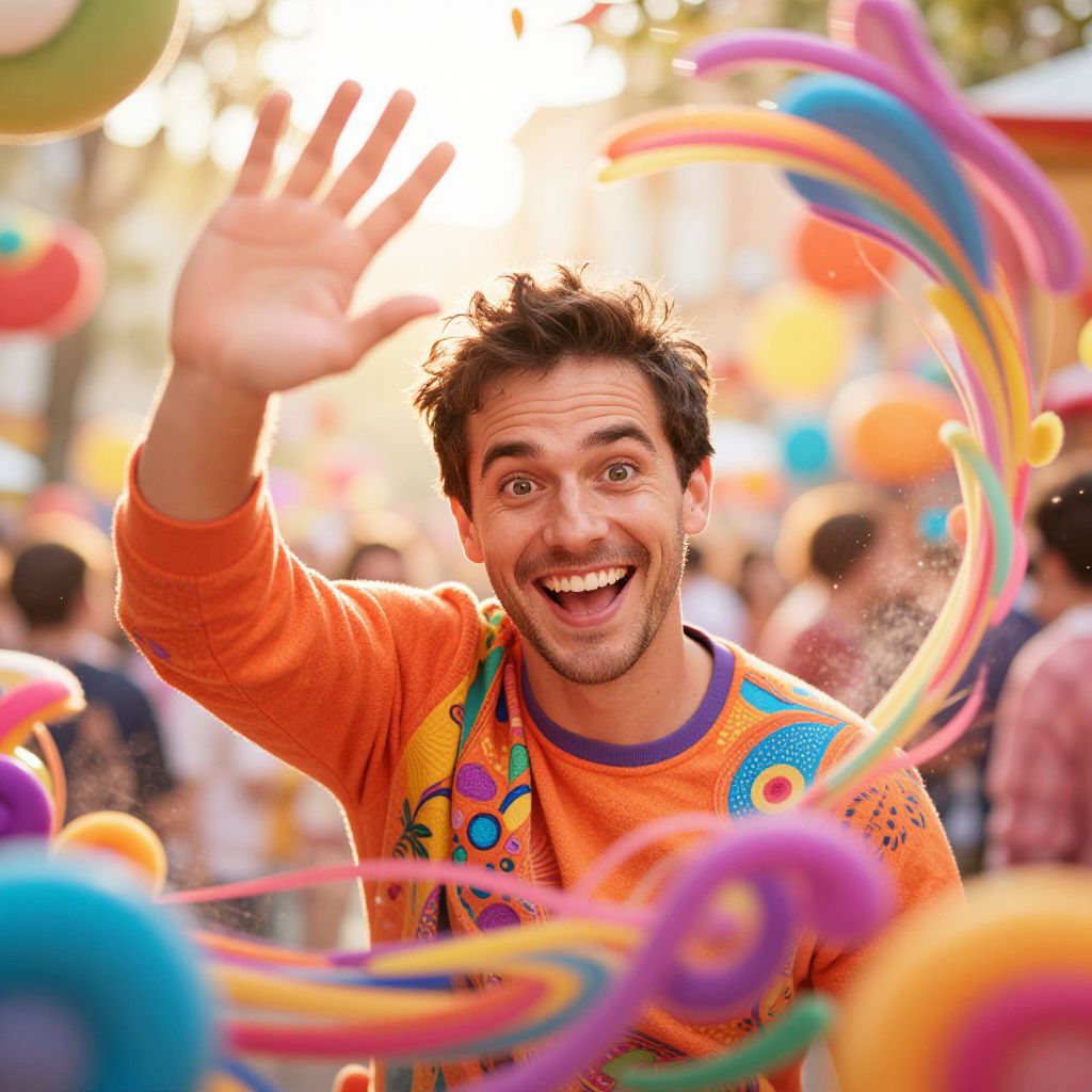Happy Man Waving at Colorful Festival with Vibrant Decorations