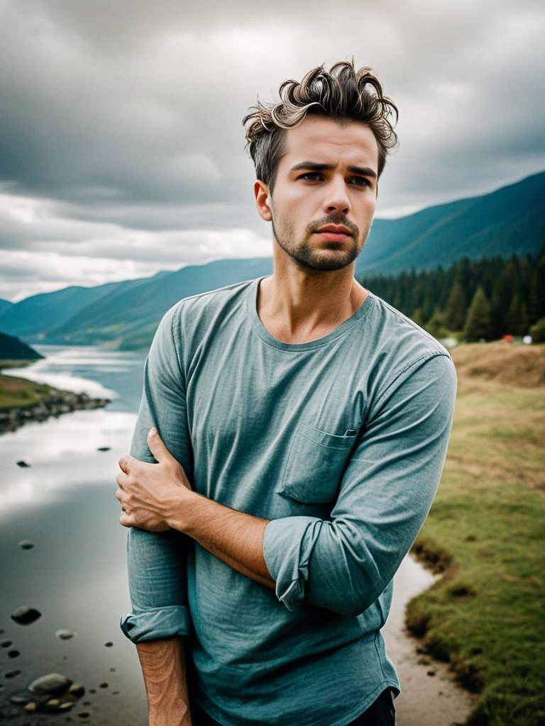 Young Man by Tranquil River in Lush Mountains