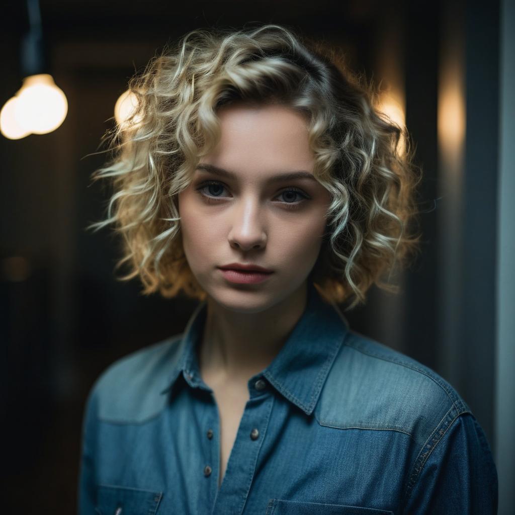 Curly Blonde Woman in Denim Shirt Close-Up Portrait
