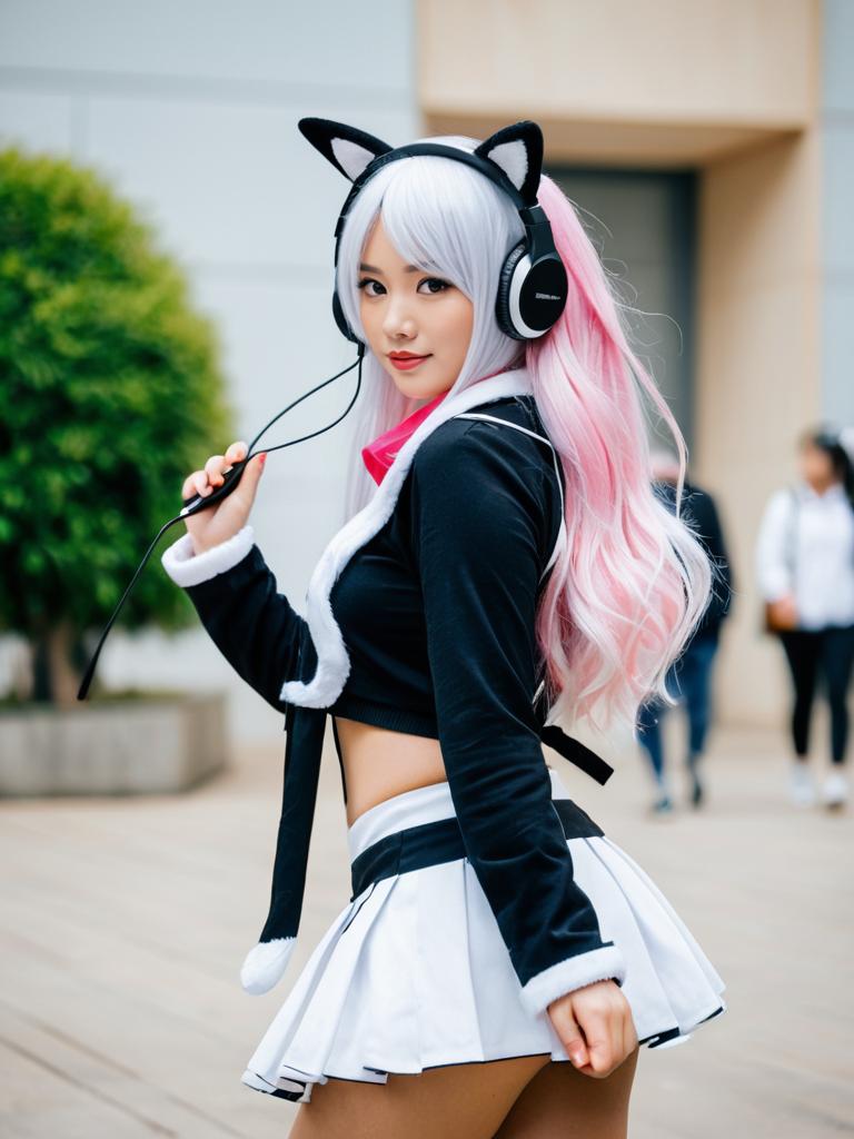 Kemono Friends Style Cosplay with Cat Ear Headphones and Silver Pink Hair