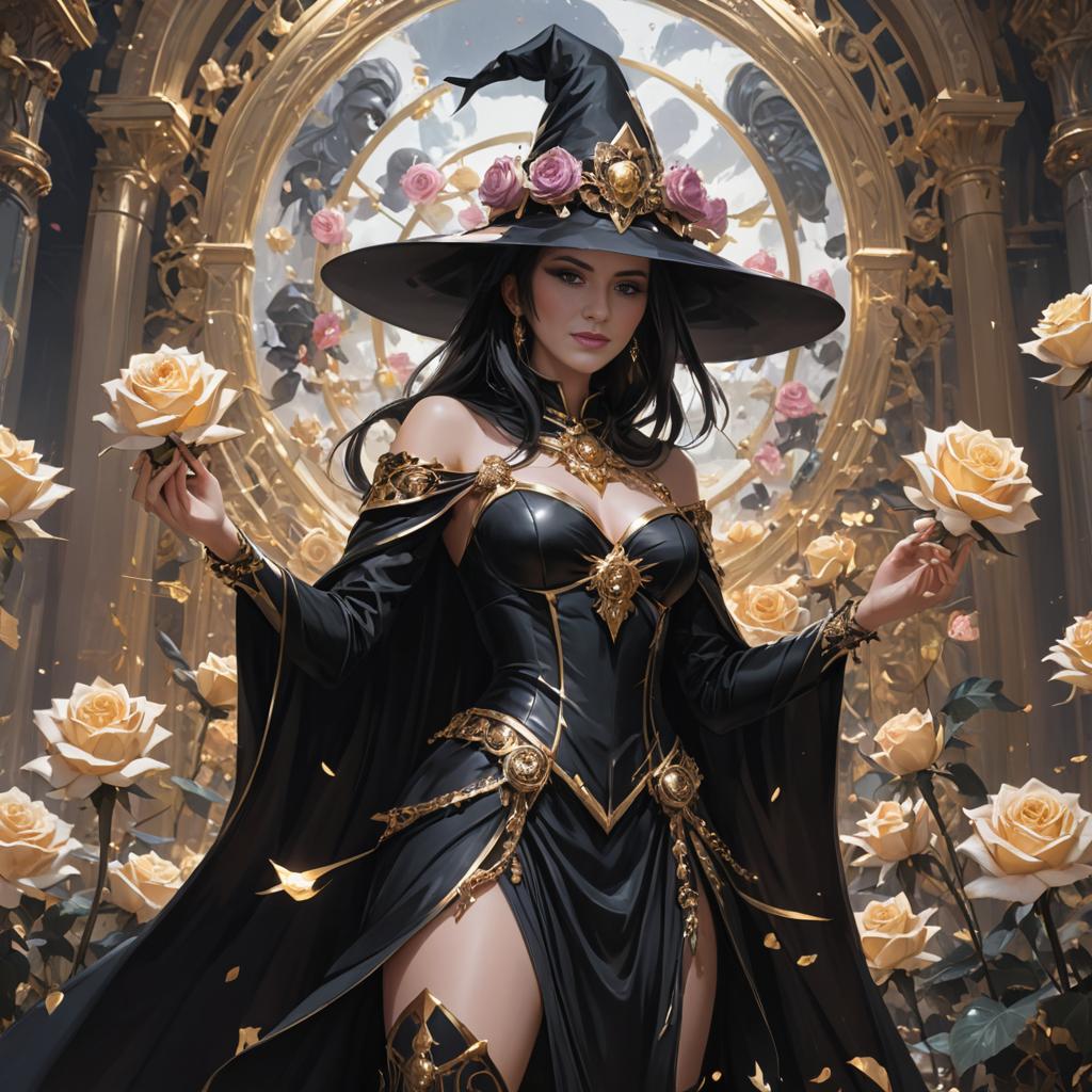 Mysterious Dark Magician Woman with Golden Roses