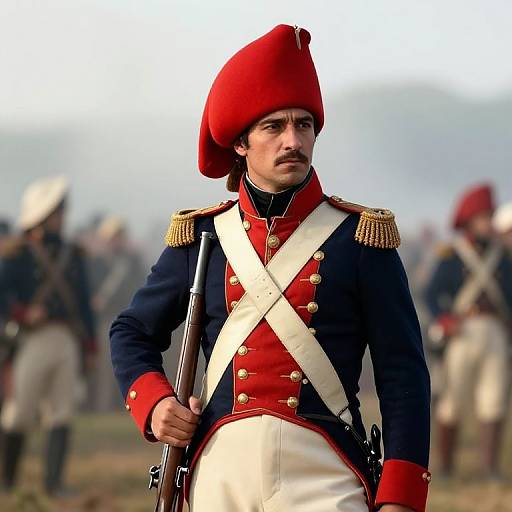 Napoleonic Era Soldier in Red Bicorne Hat with Musket Historical Uniform