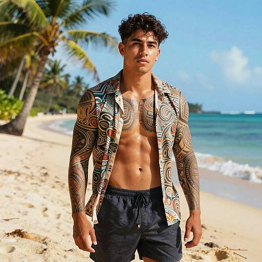 Tattooed Man in Patterned Shirt on Tropical Beach