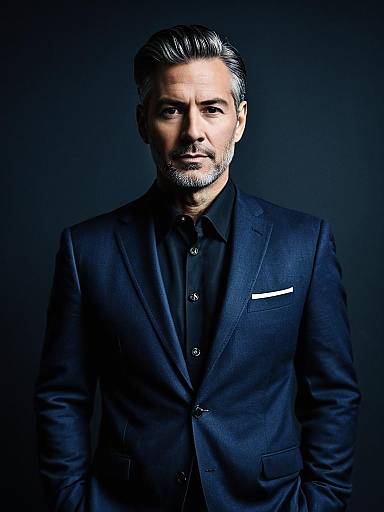 Elegant Man in Navy Blue Suit with Black Shirt Cinematic Portrait