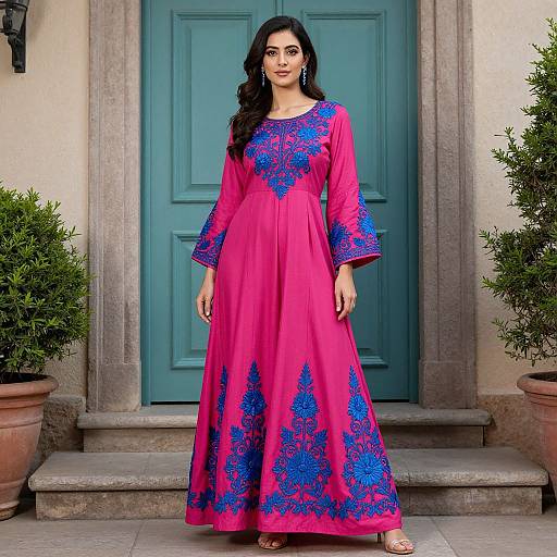 Elegant Pink Maxi Dress with Blue Floral Embroidery for Women