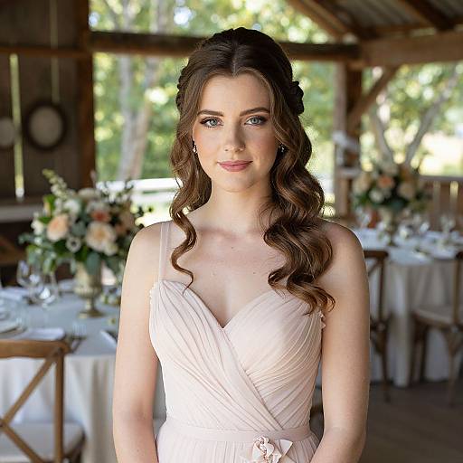 Elegant Young Woman in Blush Pink Dress at Rustic Wedding Venue