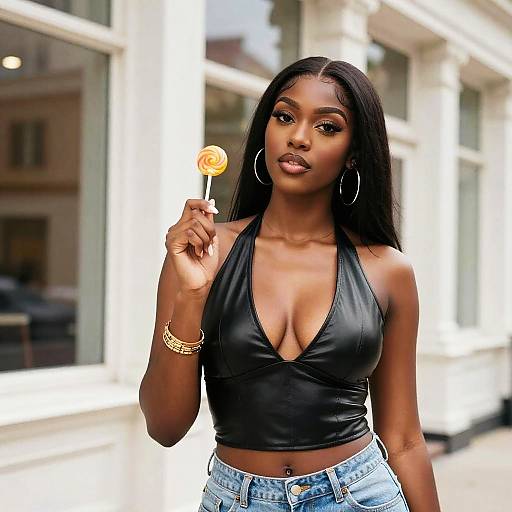 Stylish Young Woman Holding Lollipop in Black Leather Top and Denim Jeans