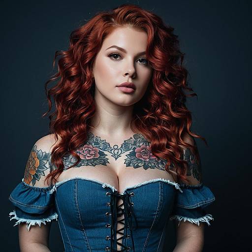 Red-Haired Woman in Denim Corset with Floral Tattoos
