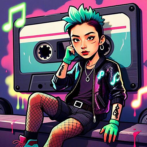 Gen Z Cyberpunk Woman with Aqua Mohawk and Retro Cassette Illustration