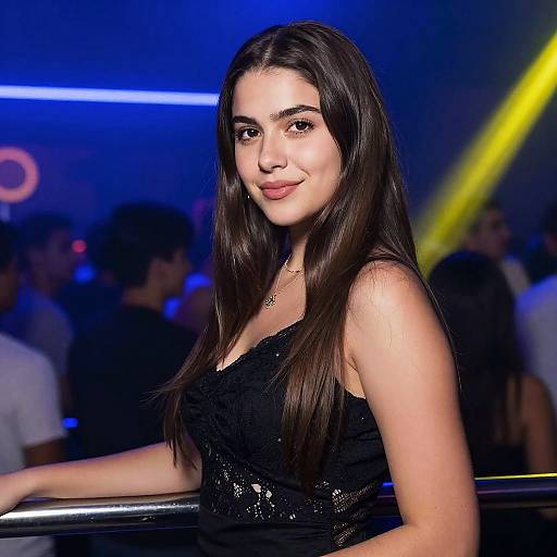 Confident Young Woman in Black Lace Dress at Nightclub Party